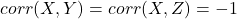 corr(X,Y) = corr(X,Z)=-1