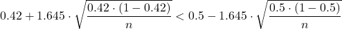 \[0.42 + 1.645 \cdot \sqrt{\dfrac{0.42\cdot (1-0.42)}{n}} < 0.5 - 1.645 \cdot \sqrt{\dfrac{0.5\cdot (1-0.5)}{n}}\]