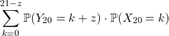 \[\displaystyle\sum_{k=0}^{21-z} \mathbb{P}(Y_{20}=k+z) \cdot \mathbb{P}(X_{20}=k)\]