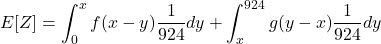 E[Z] = \displaystyle\int_0^x f(x-y) \frac{1}{924} dy + \displaystyle\int_x^{924} g(y-x) \frac{1}{924} dy